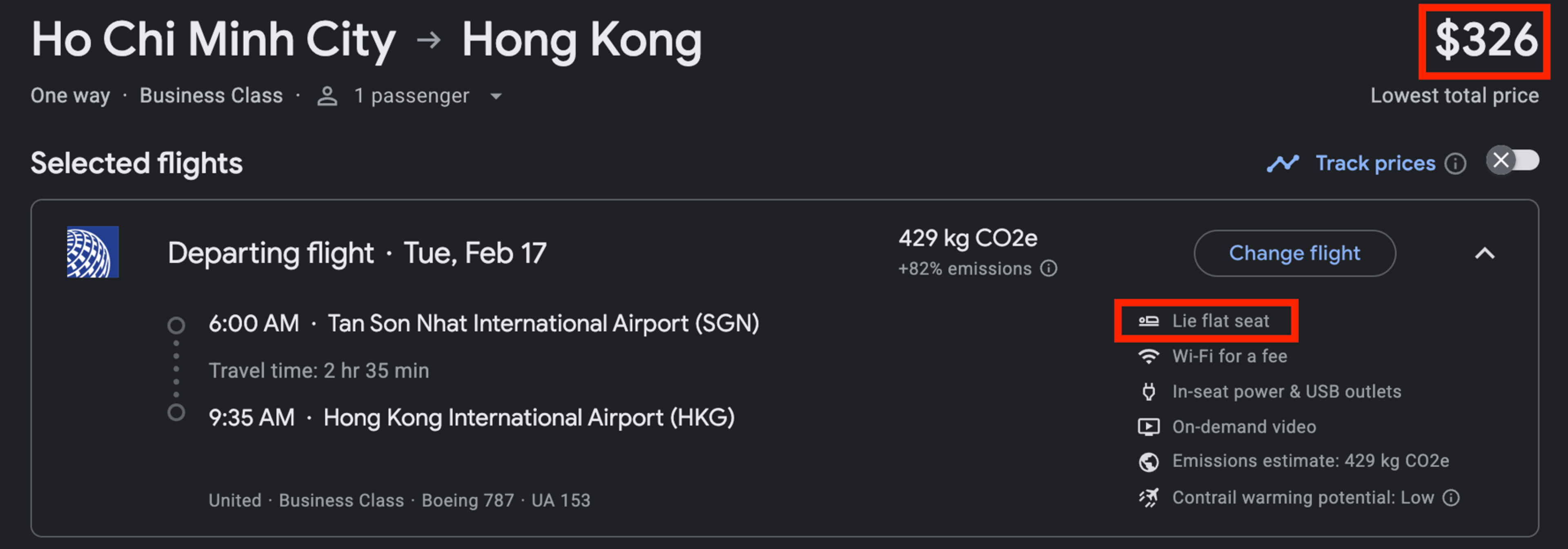 Saigon to Hong Kong for $326 in United Polaris