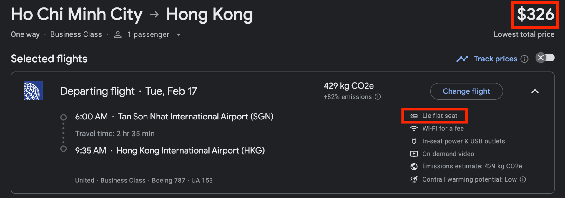 Saigon to Hong Kong for $326 in United Polaris