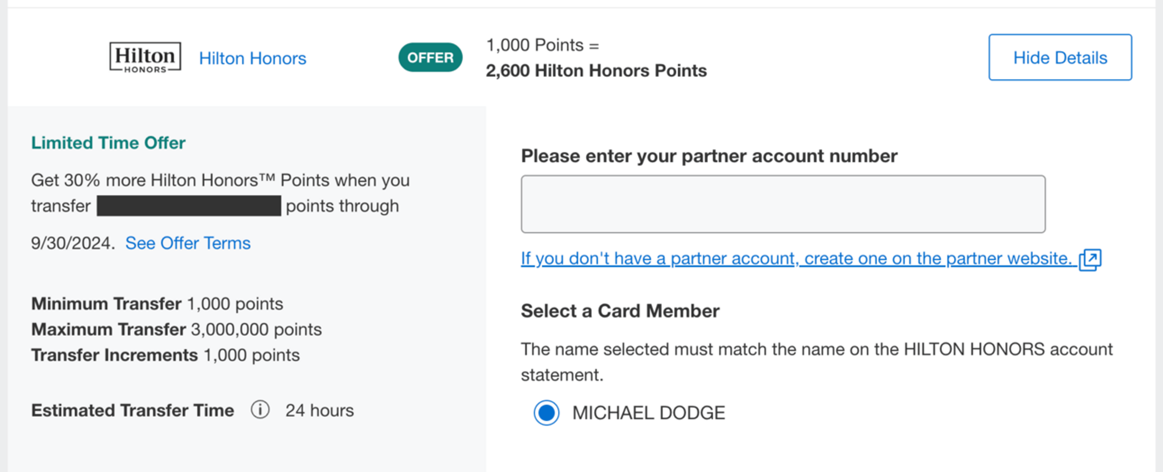 A screenshot of the transfer bonus page to Hilton