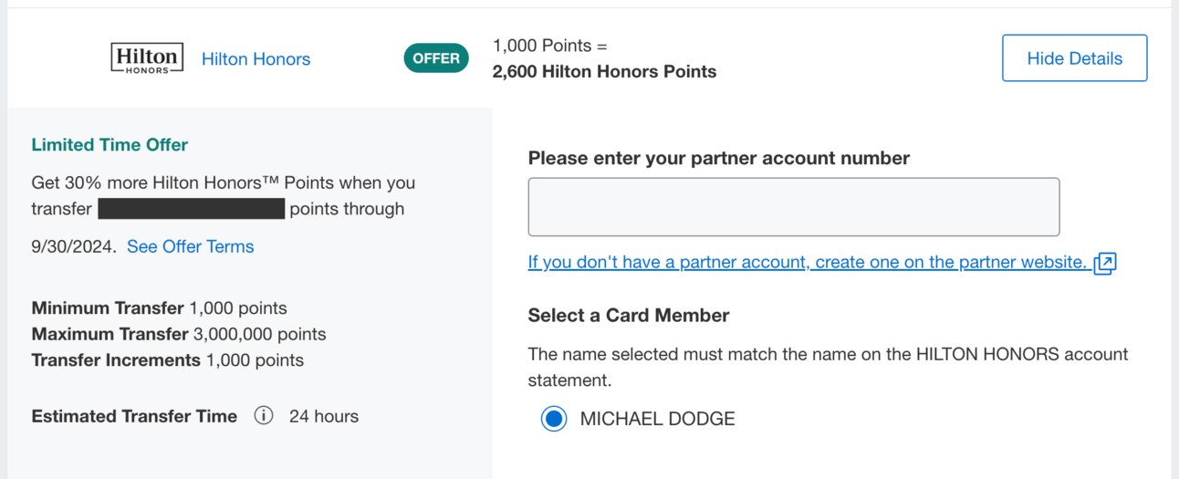 A screenshot of the transfer bonus page to Hilton