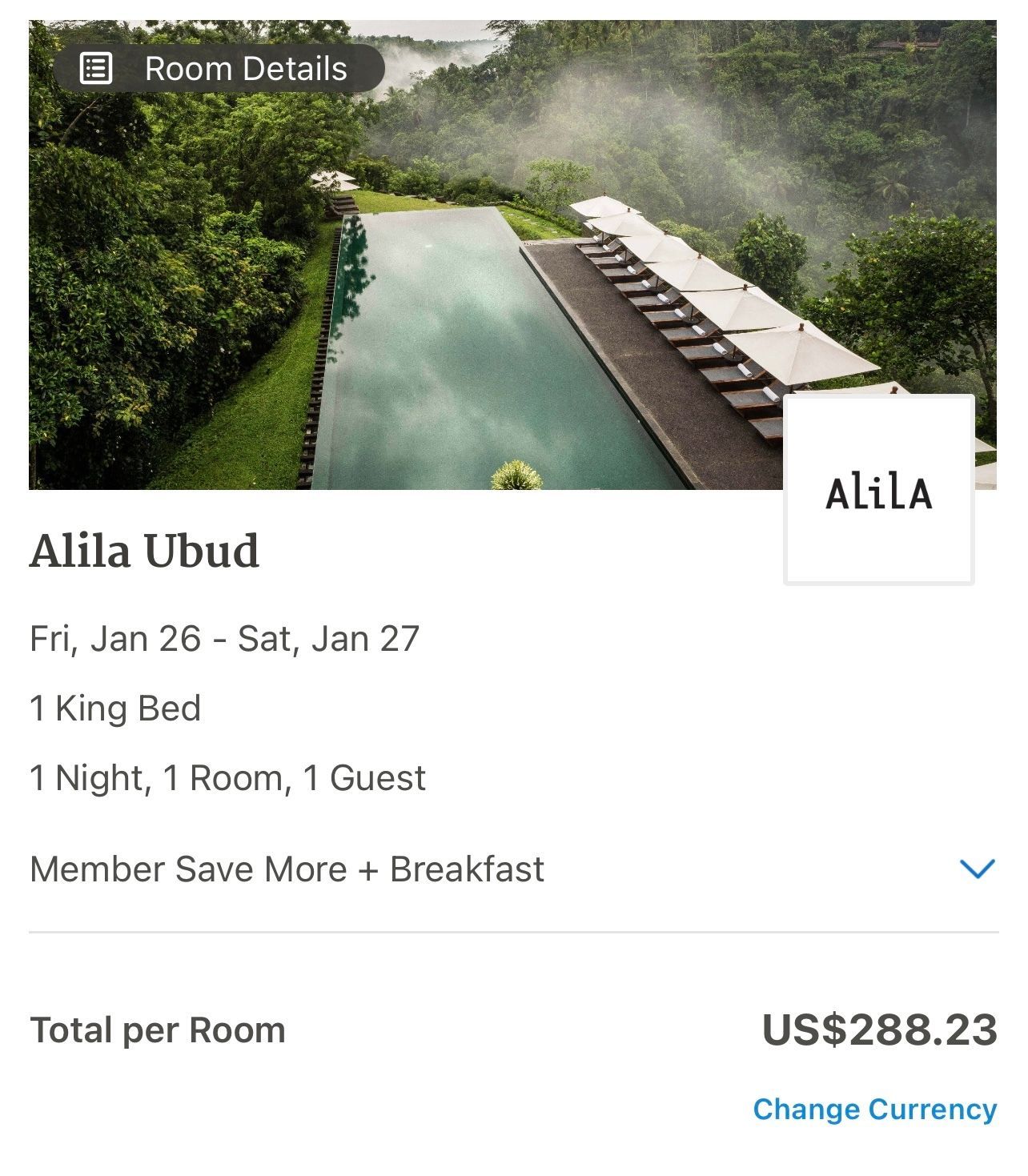 A screenshot of the Alila Ubud in Bali with a nightly cash cost of $288 USD