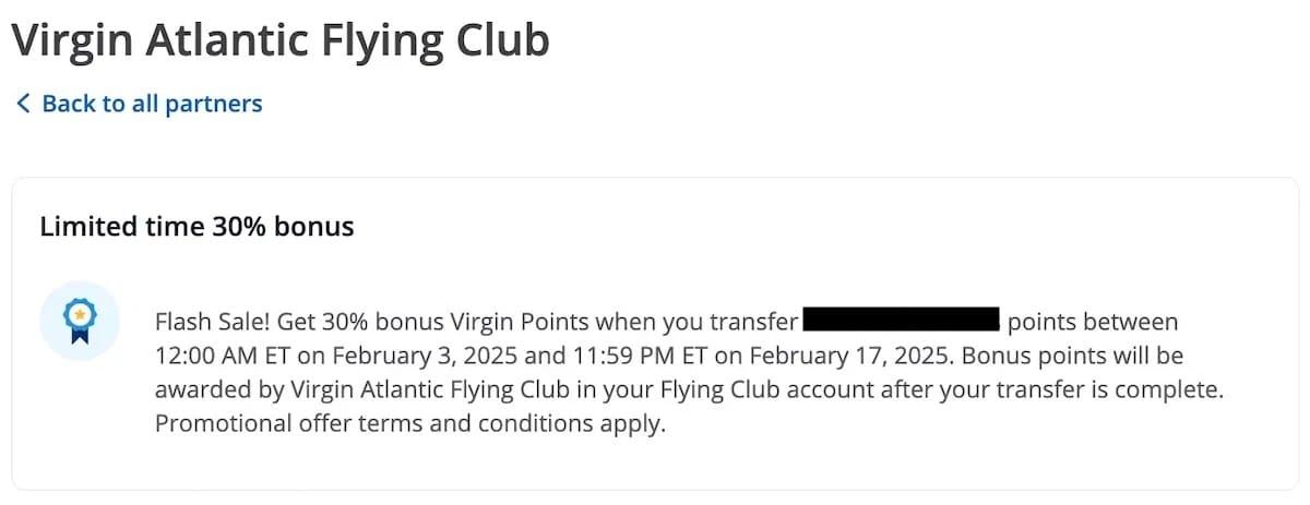30% transfer bonus to Virgin Atlantic