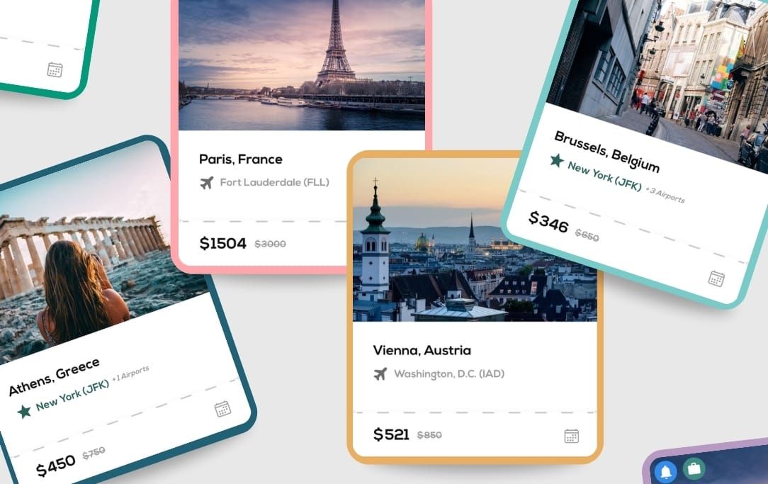 FareDrop cards with cheap fares to multiple European cities on a gray background
