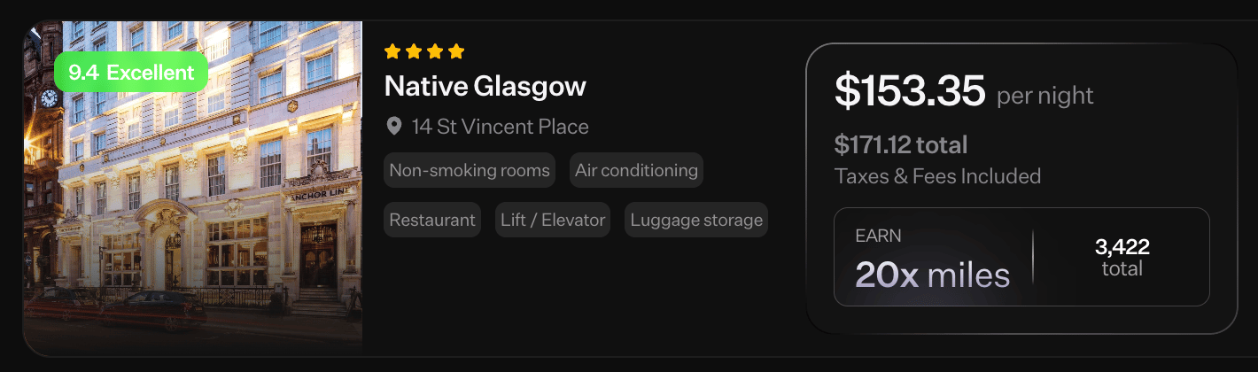 Earn 20x miles on this Glasgow hotel