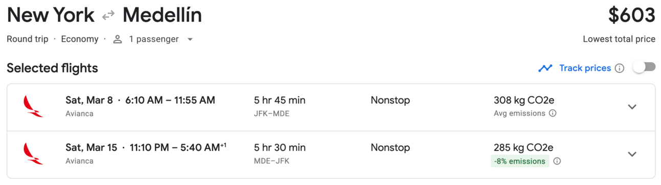 New York to Medellin for $603 round trip
