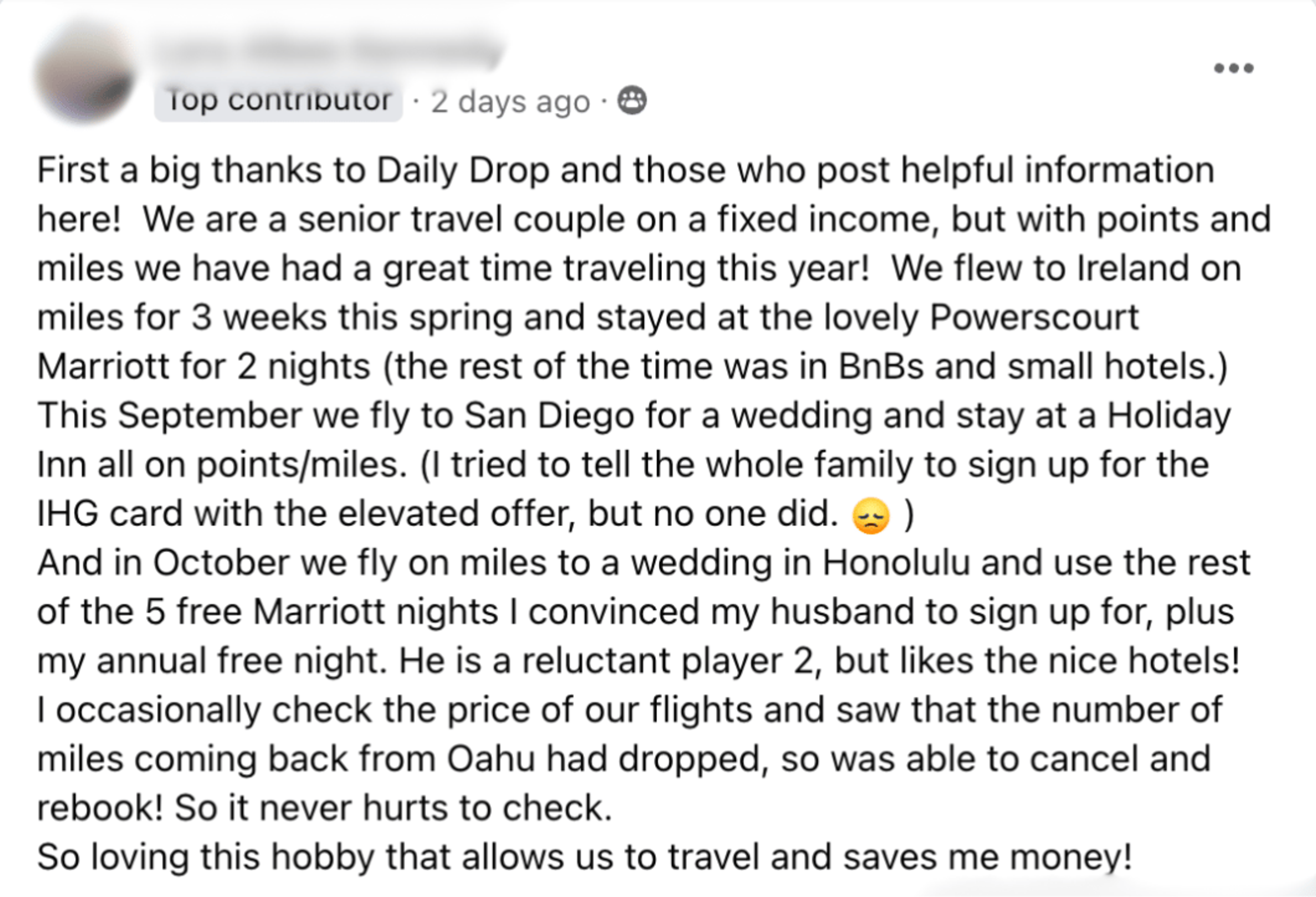 A screenshot of a travel win from a community member in our Facebook group