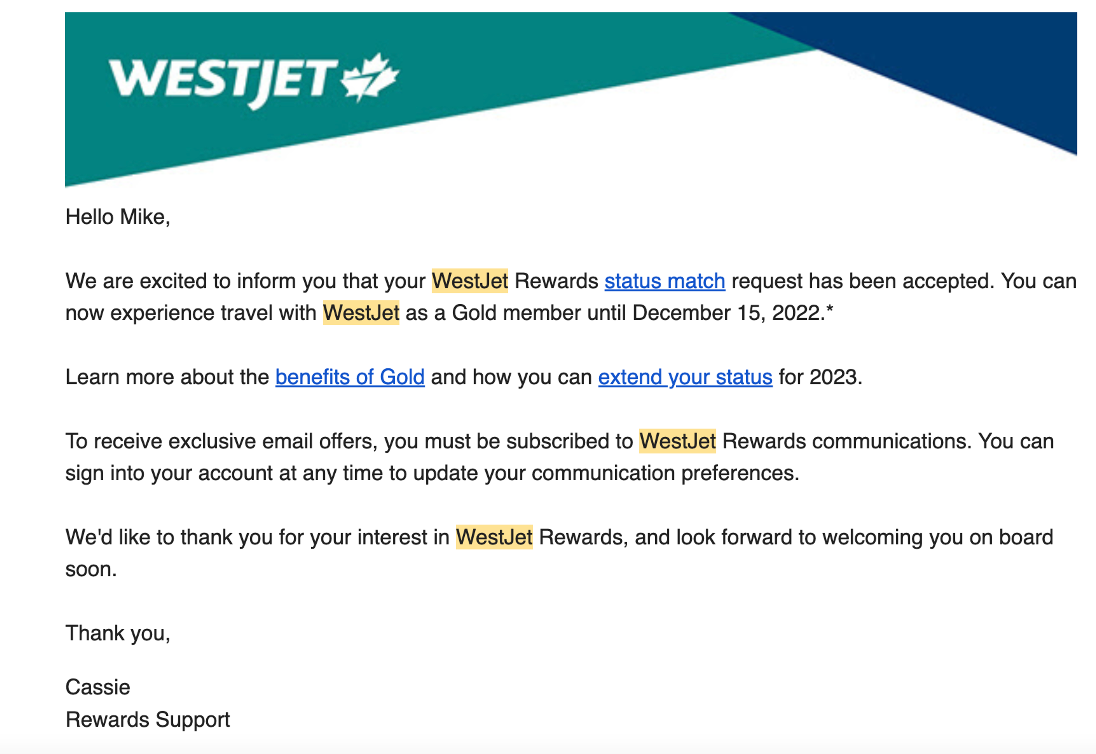 Westjet Status Match