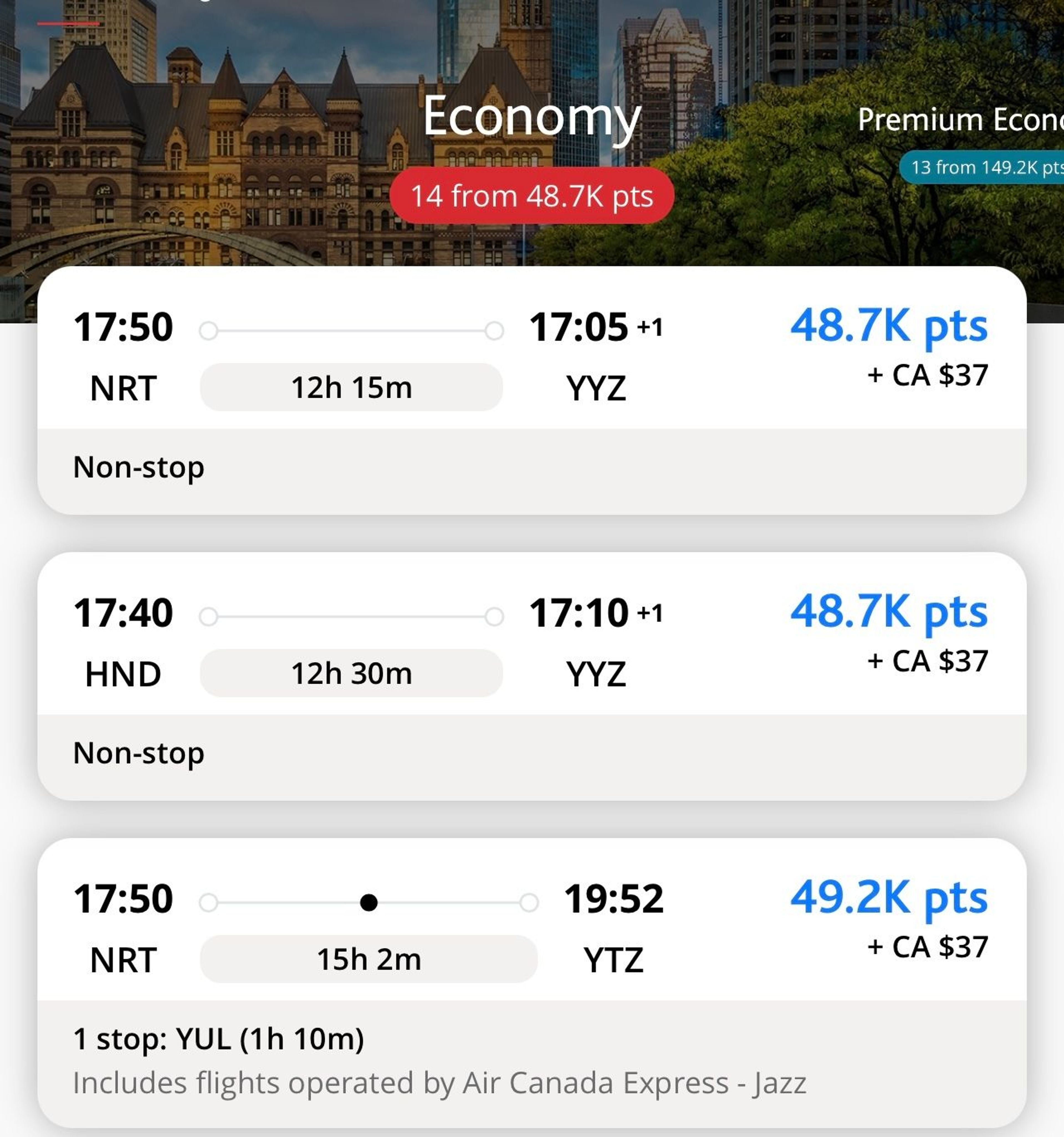A screenshot from Aeroplan showing a cheap award flight from Tokyo to Toronto foe less than 50,0000 points