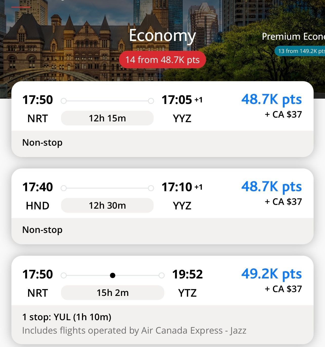 A screenshot from Aeroplan showing a cheap award flight from Tokyo to Toronto foe less than 50,0000 points