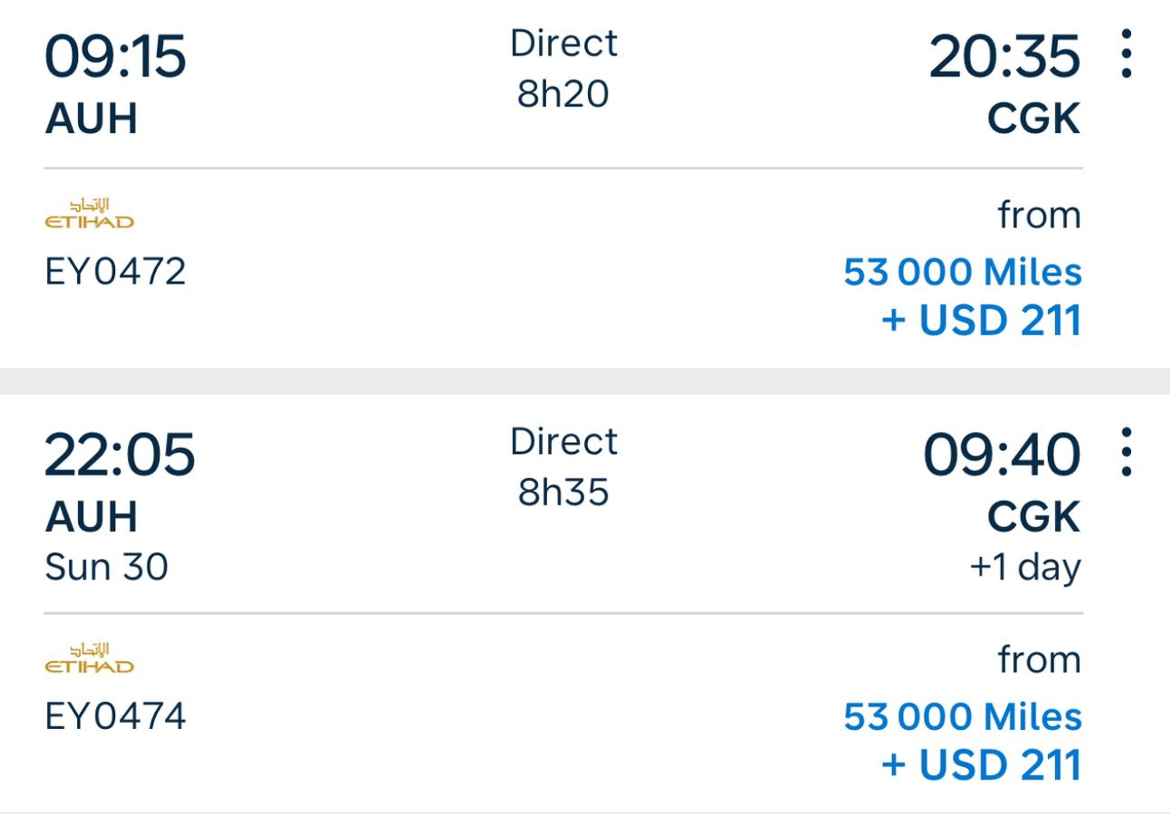 Example of multiple options to fly from Abu Dhabi to Southeast Asia for 53,000 miles in business class