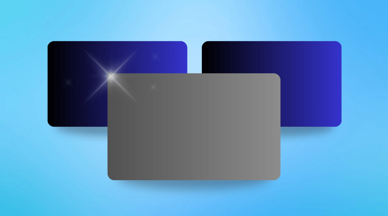 Two blue credit card graphics and one grey card graphic