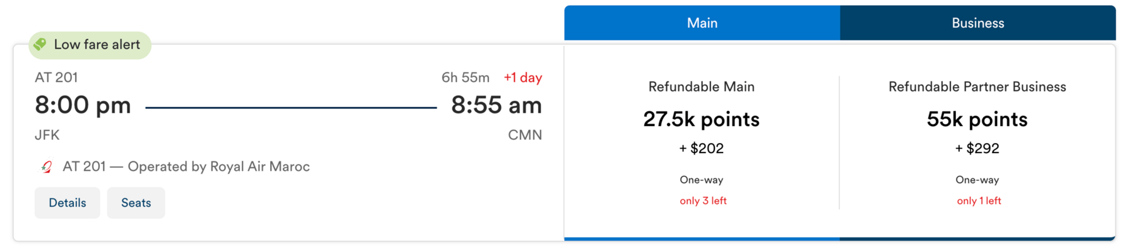 New York to Casablanca for 55k miles in business class