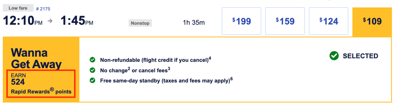 An example of how you earn Southwest points when you book cash flights with them