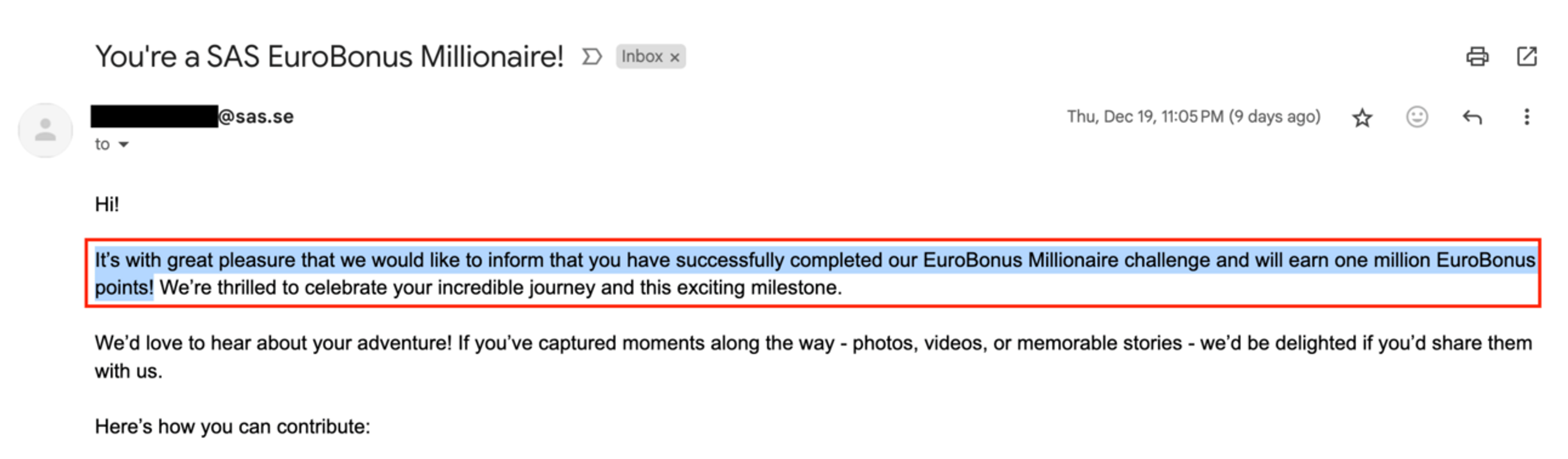 Email from SAS informing me of my victory in the million-mile challenge