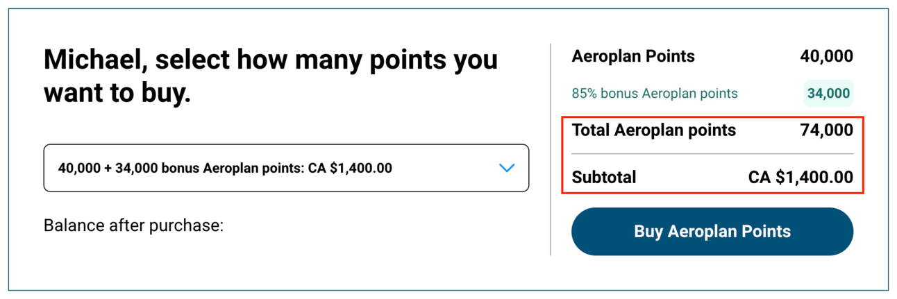Buy 74,000 Aeroplan points for $975