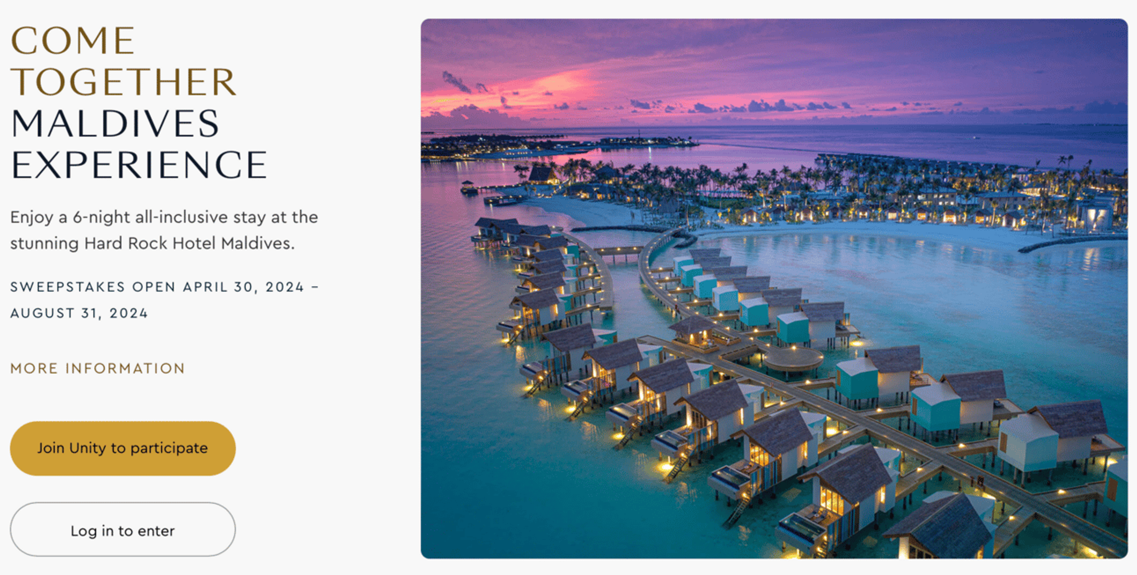 Screenshot of a Maldives resort and details about entering the sweepstakes