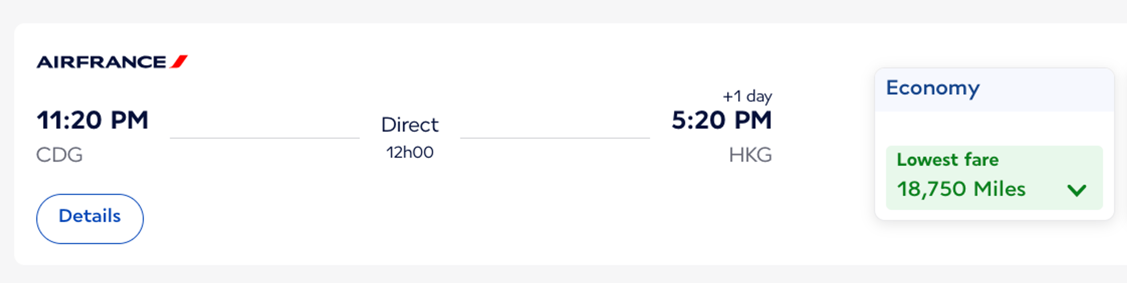 A sample booking from Paris to Hong Kong for 18,750 Flying Blue miles