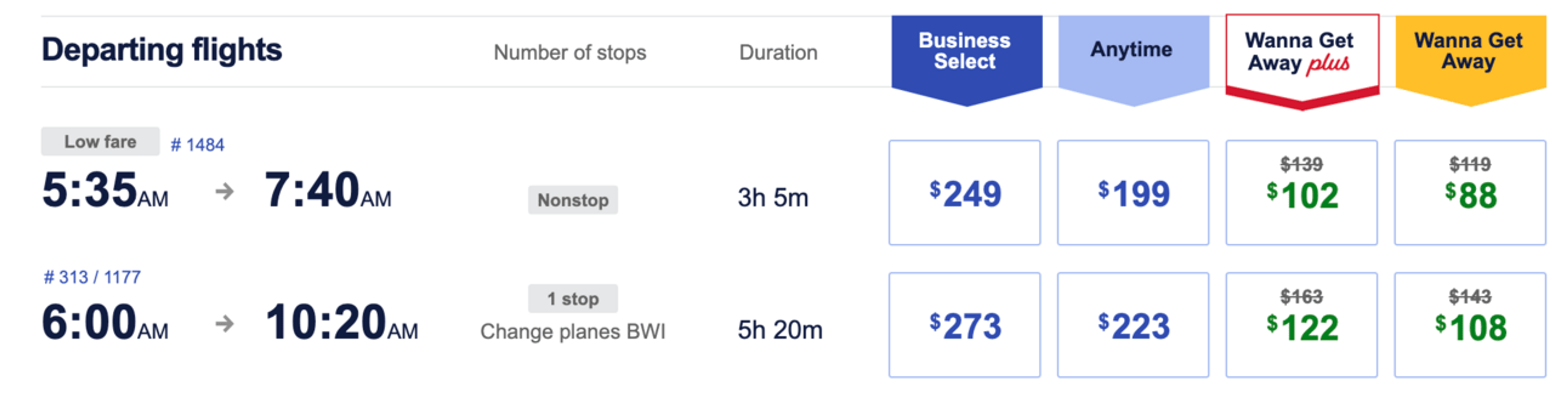 A smple booking from Boston to Nashville for $88 on Southwest