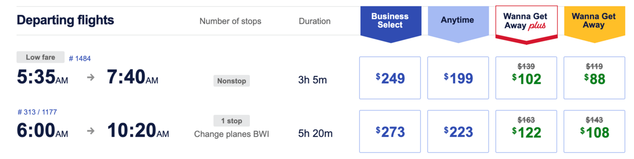 A smple booking from Boston to Nashville for $88 on Southwest