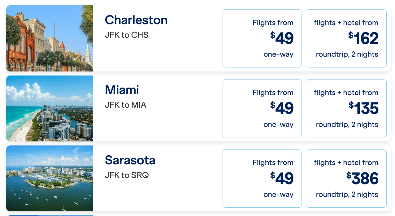 Examples of cheap flights departing from New York JFK airport on JetBlue
