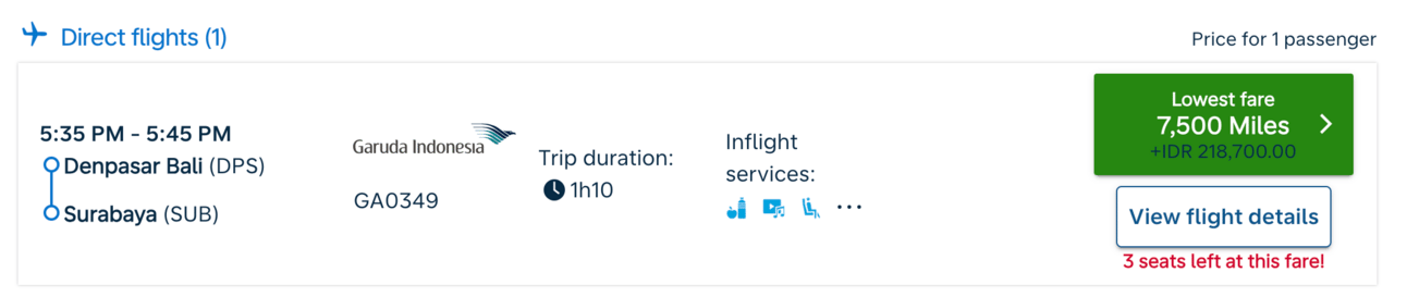An example of a Garuda Indonesia for 7,500 Flying Blue miles