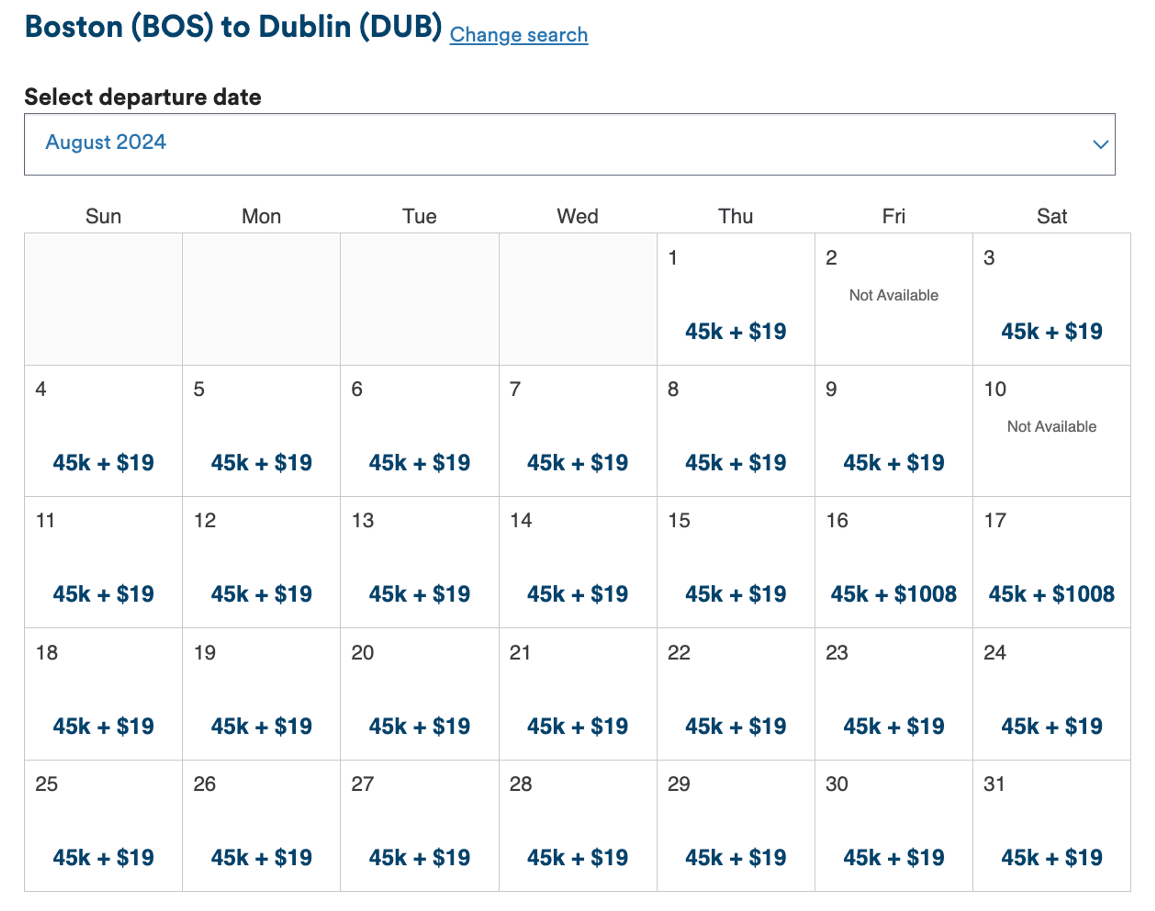 BOS-DUB award calendar availability (August)