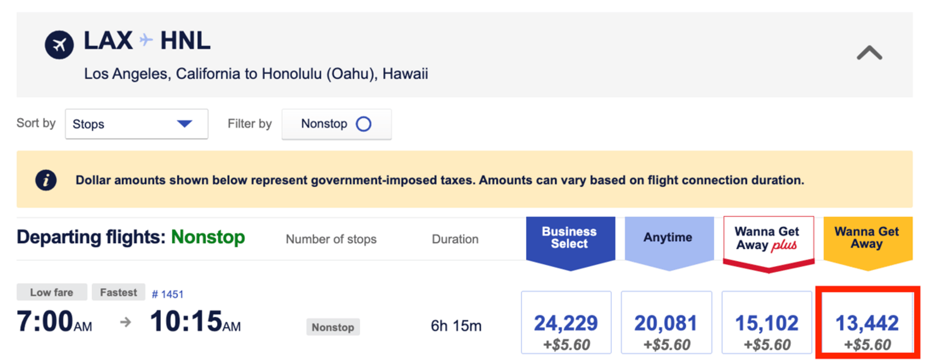 Example of a southwest flight from Los angeles to Honolulu for 13,000 Southwest points