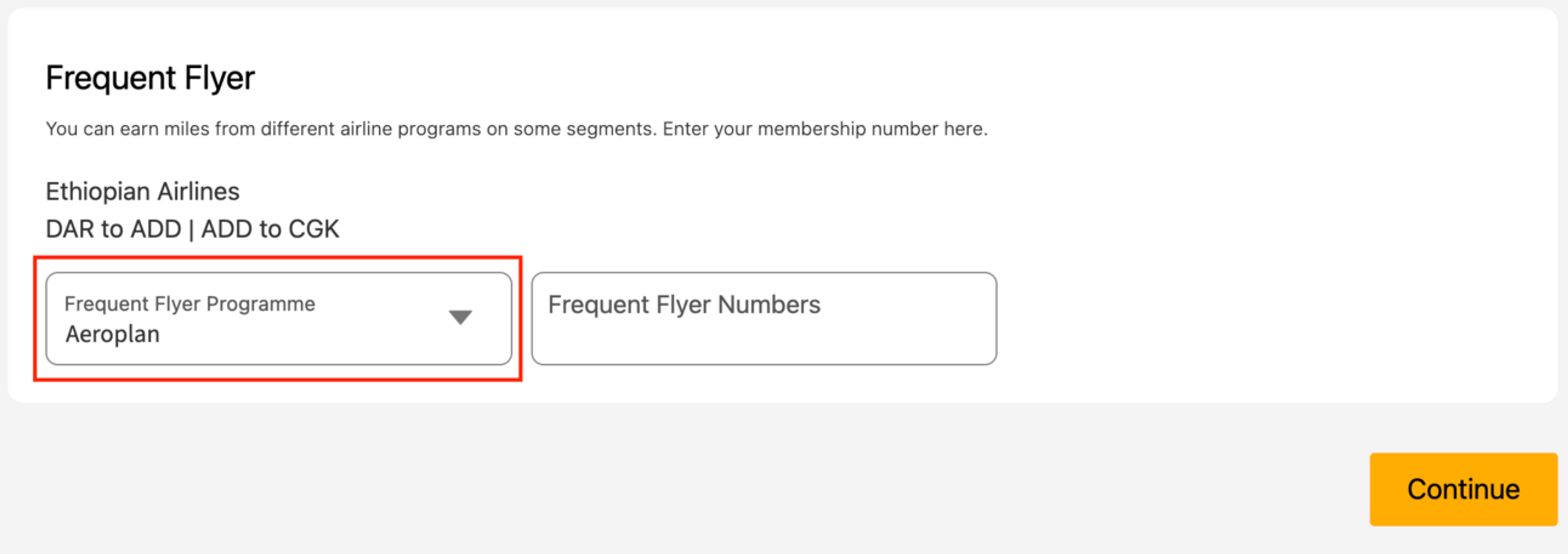 A screenshot showing where you insert your loyalty number when booking a flight