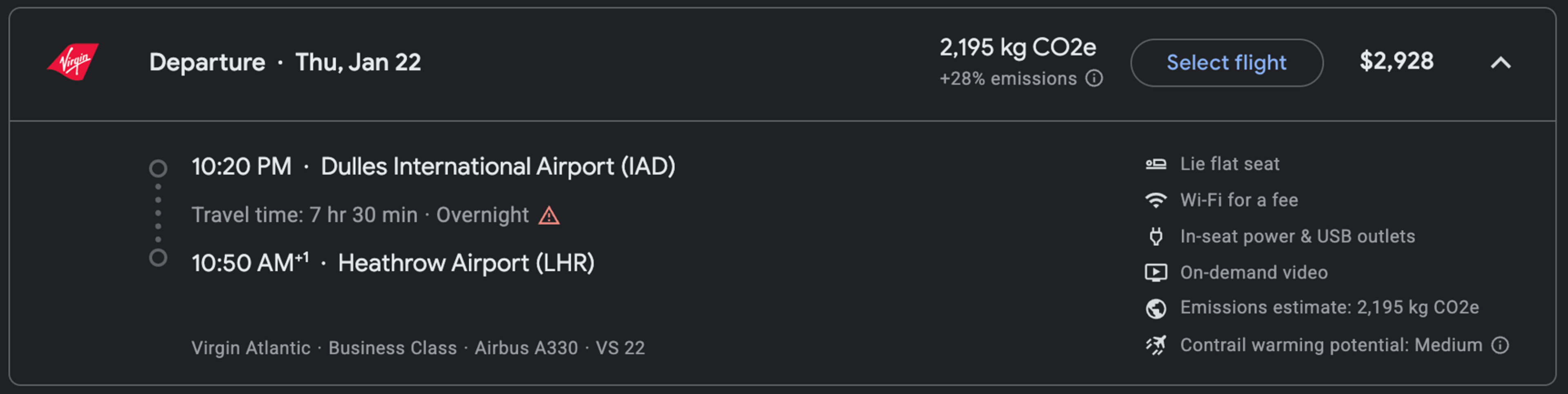 Virgin Atlantic flight (cash price)