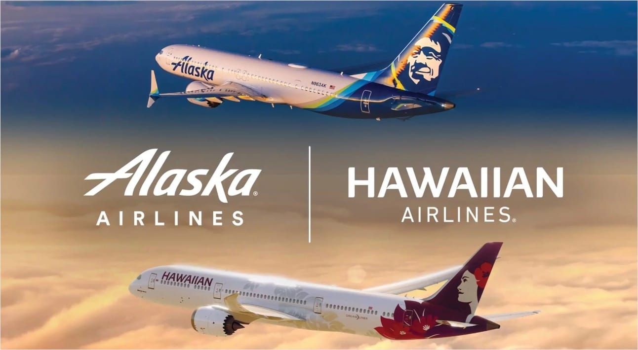Graphic showing the logos of Alaska Airlines and Hawaiian