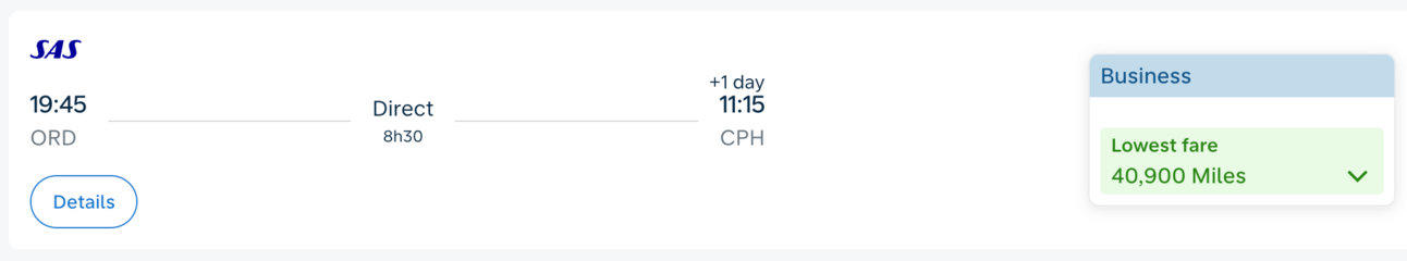 ORD-CPH for 40,900 Flying Blue miles in business class