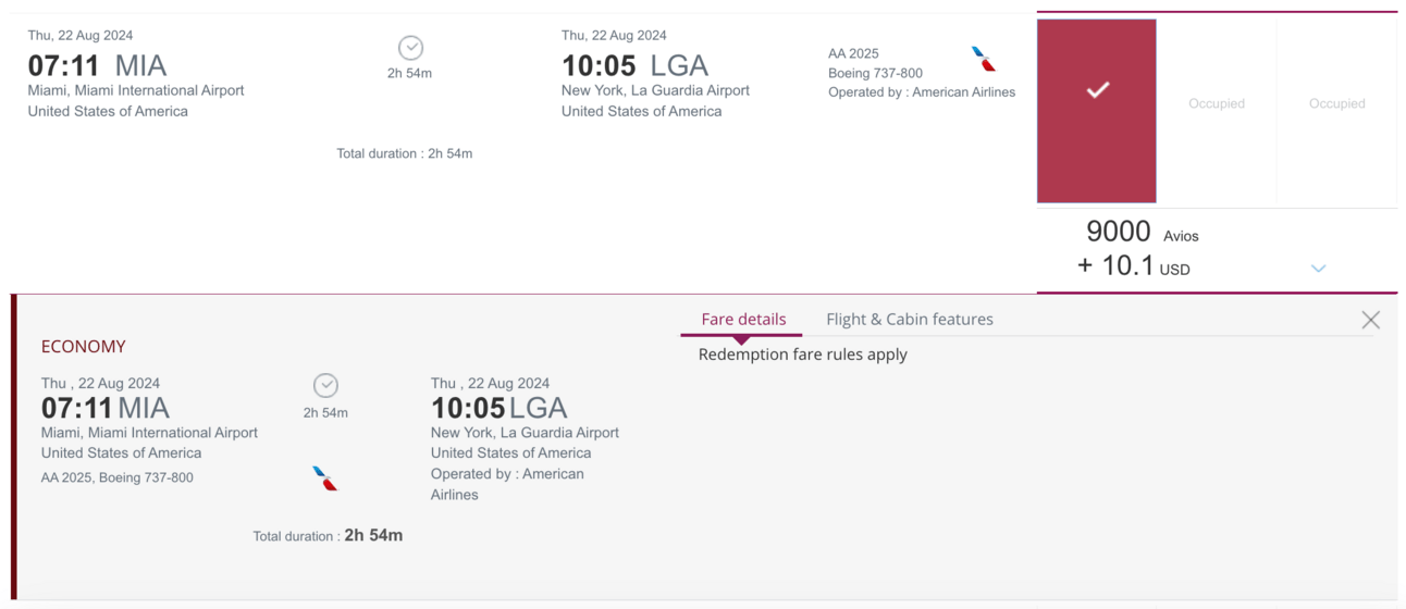 Booking the same AA flight fro earlier wih only 9,000 Qatar Avios
