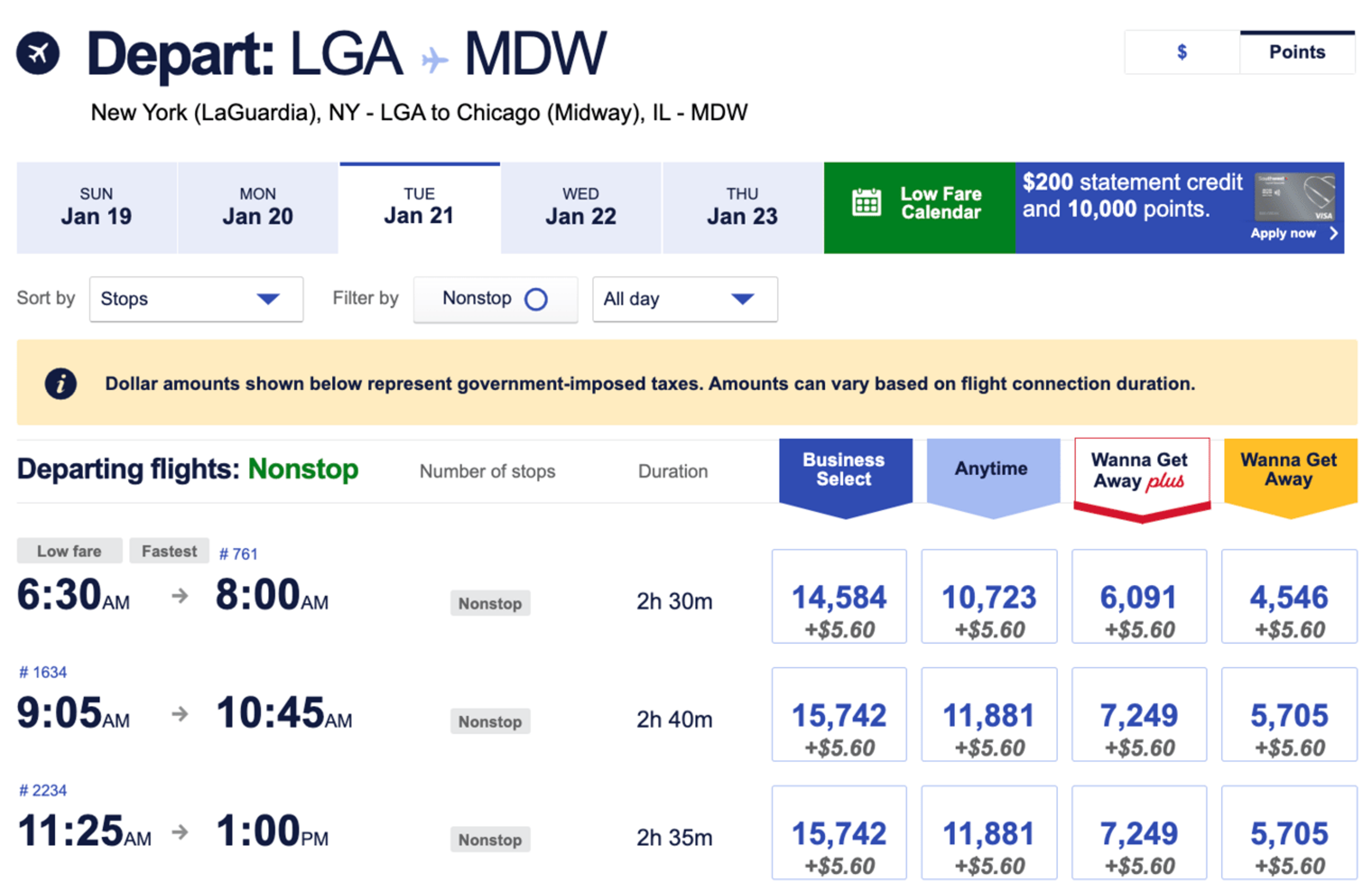 Example of a flight from New York to Chicago for under 5,000 Southwest points