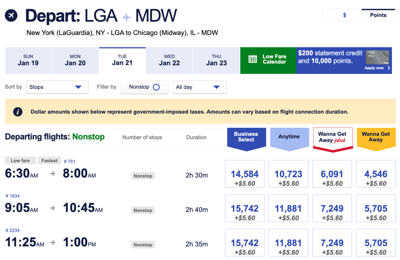 Example of a flight from New York to Chicago for under 5,000 Southwest points