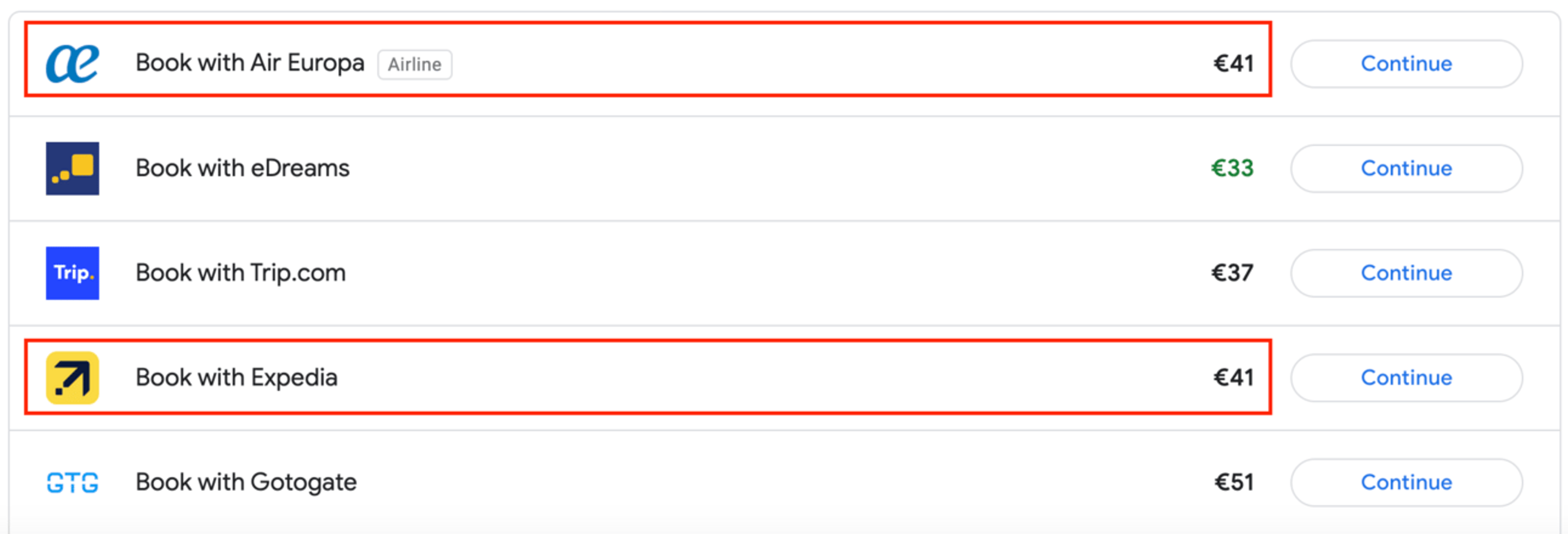 Example of various booking platforms after searching on Google flights