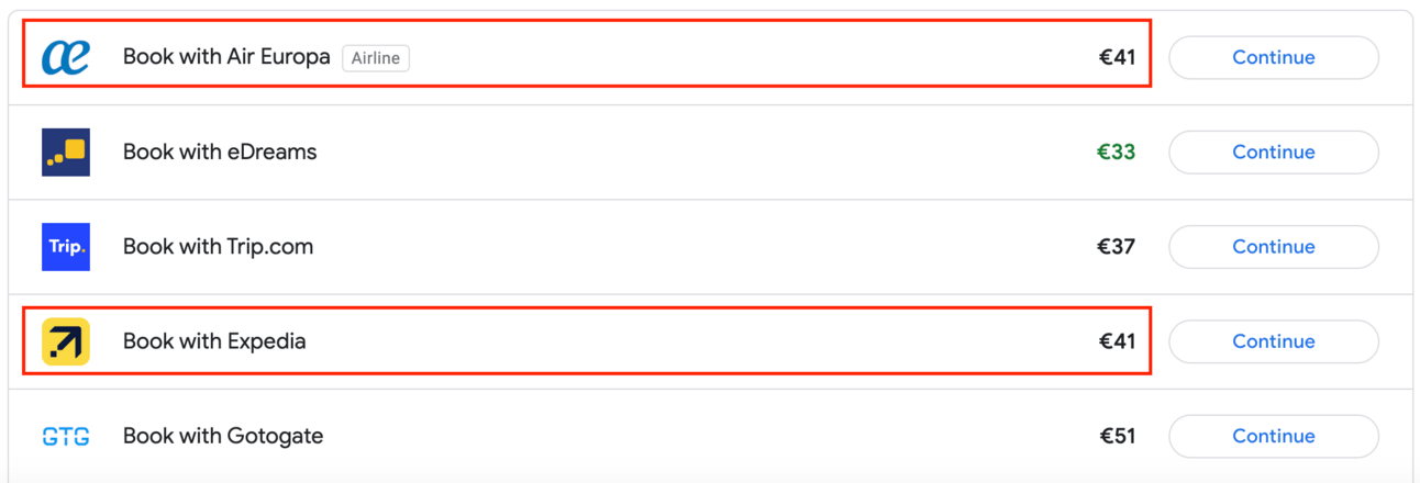 Example of various booking platforms after searching on Google flights