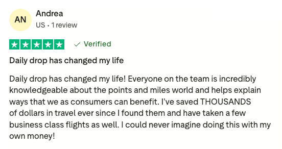 Trustpilot review of Daily Drop from a user Andrea explaining how much money Daily Drop has saved her
