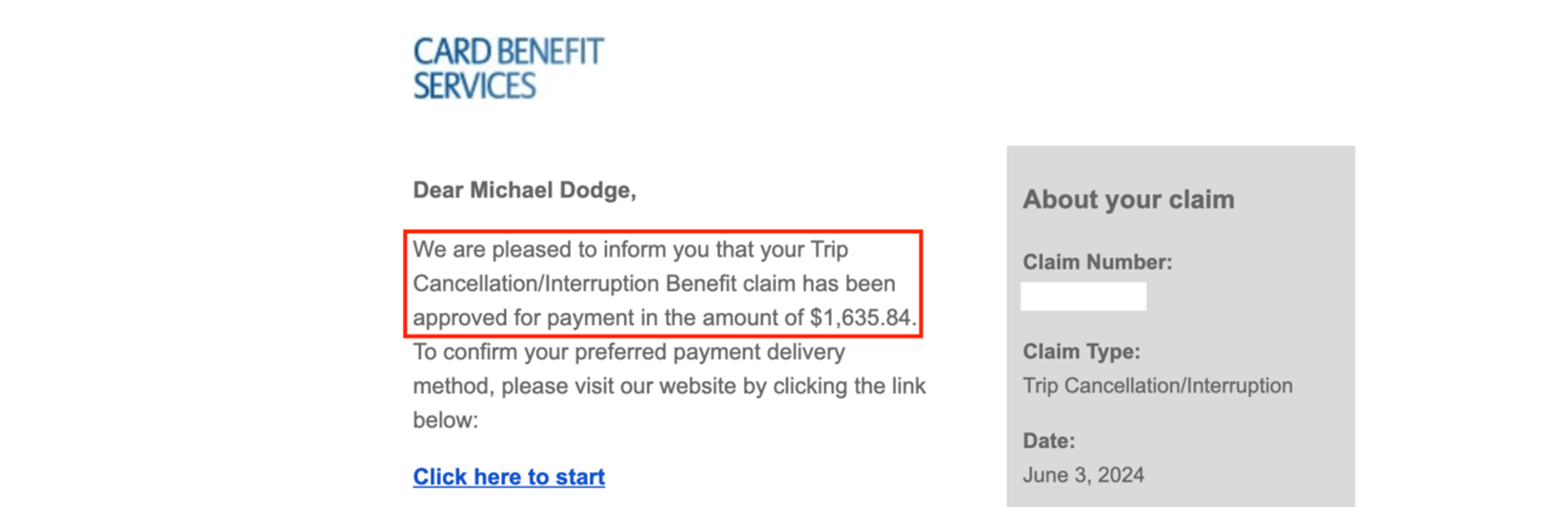 Email confirming my use of travel insurance to cover my $1,600 expense
