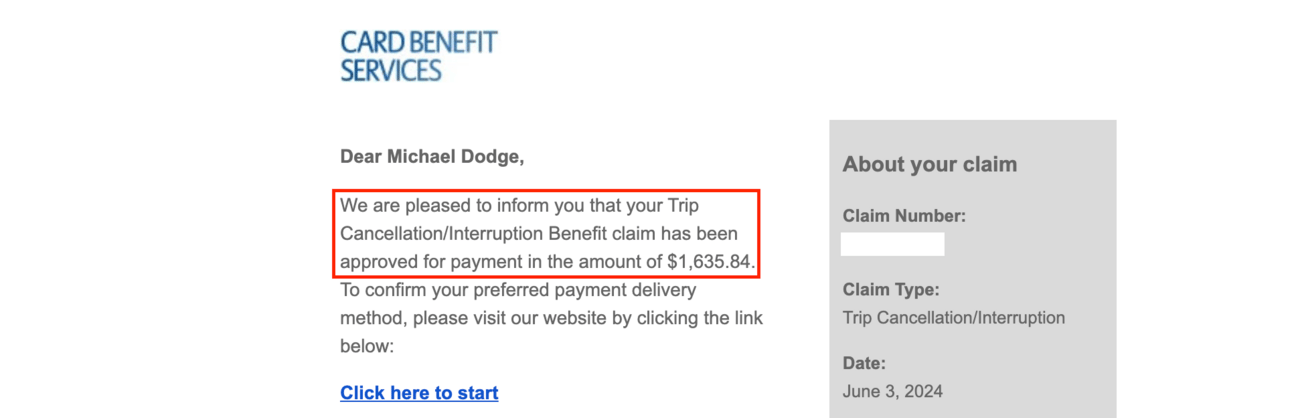 Email confirming my use of travel insurance to cover my $1,600 expense