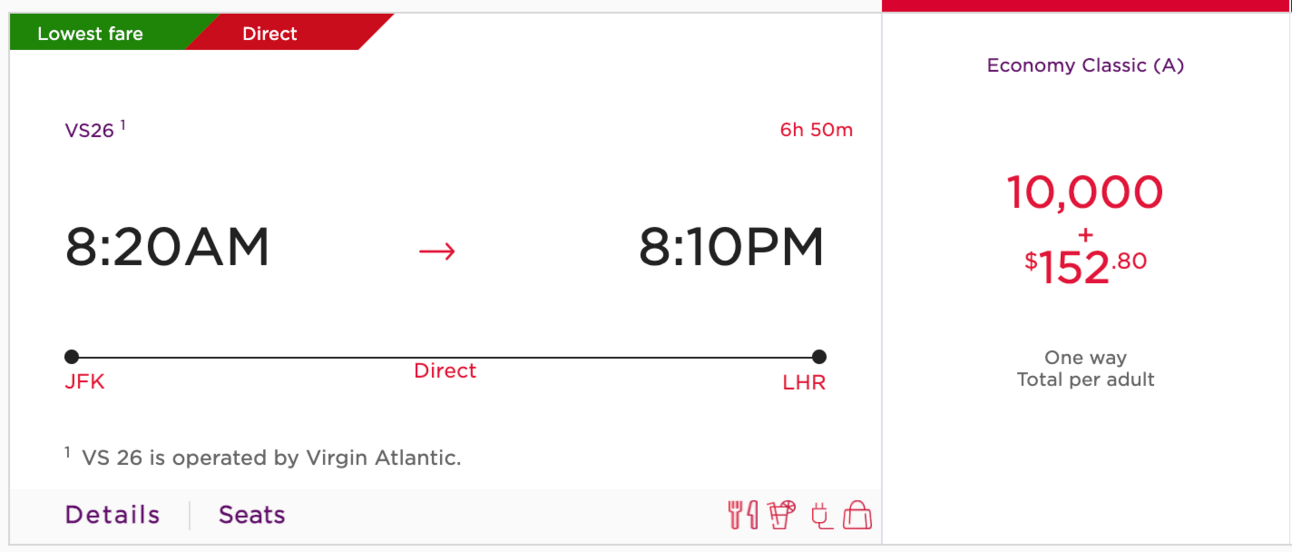Virign booking from NYC-LHR for 10,000 miles