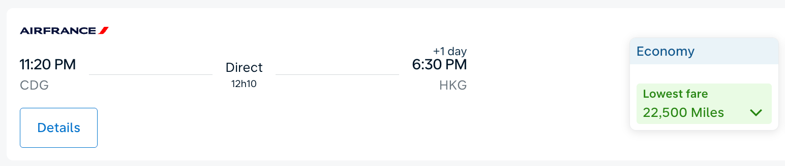 Paris to Hong Kong for 22,500 miles