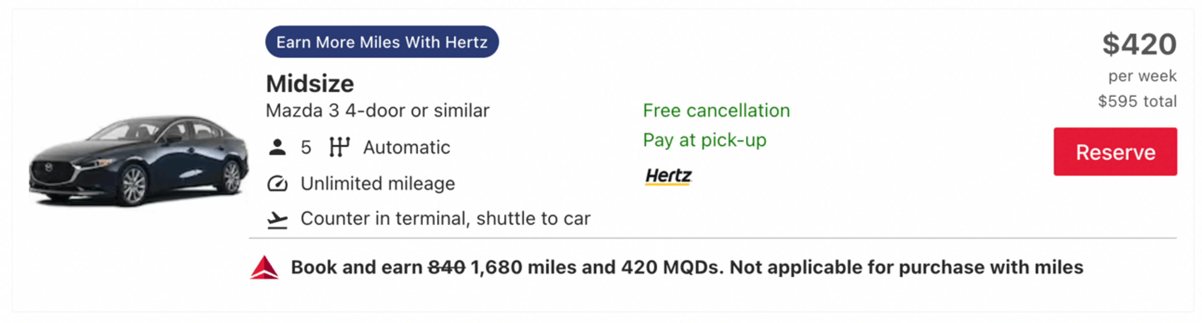 Example of a car rental in SLC for $420