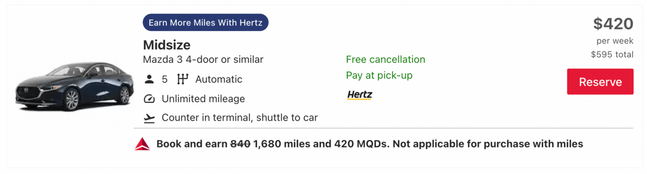 Example of a car rental in SLC for $420