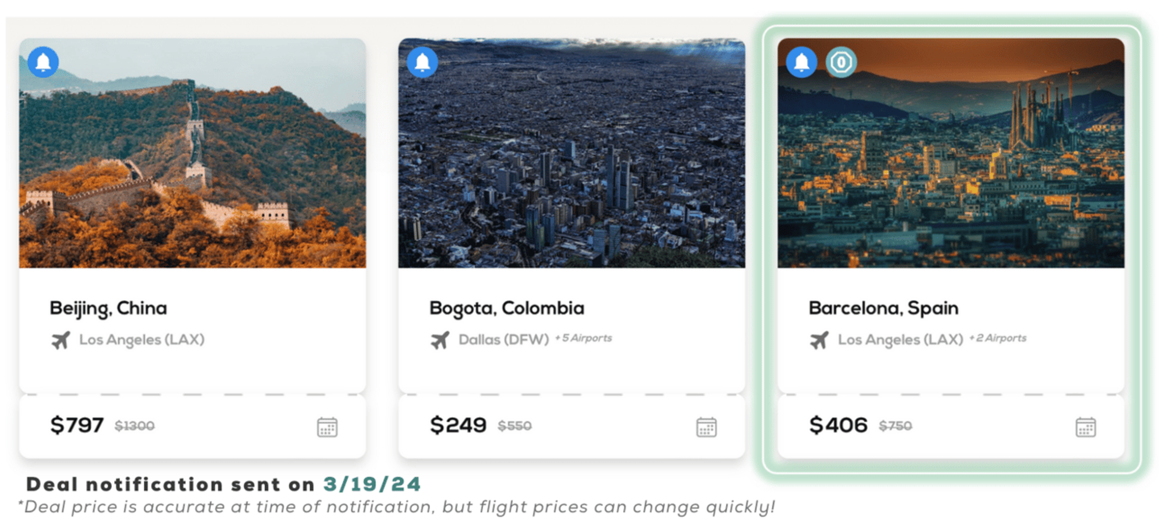 Three FareDrop alert cards showing flights to Beijing, Bogota, and Barcelona