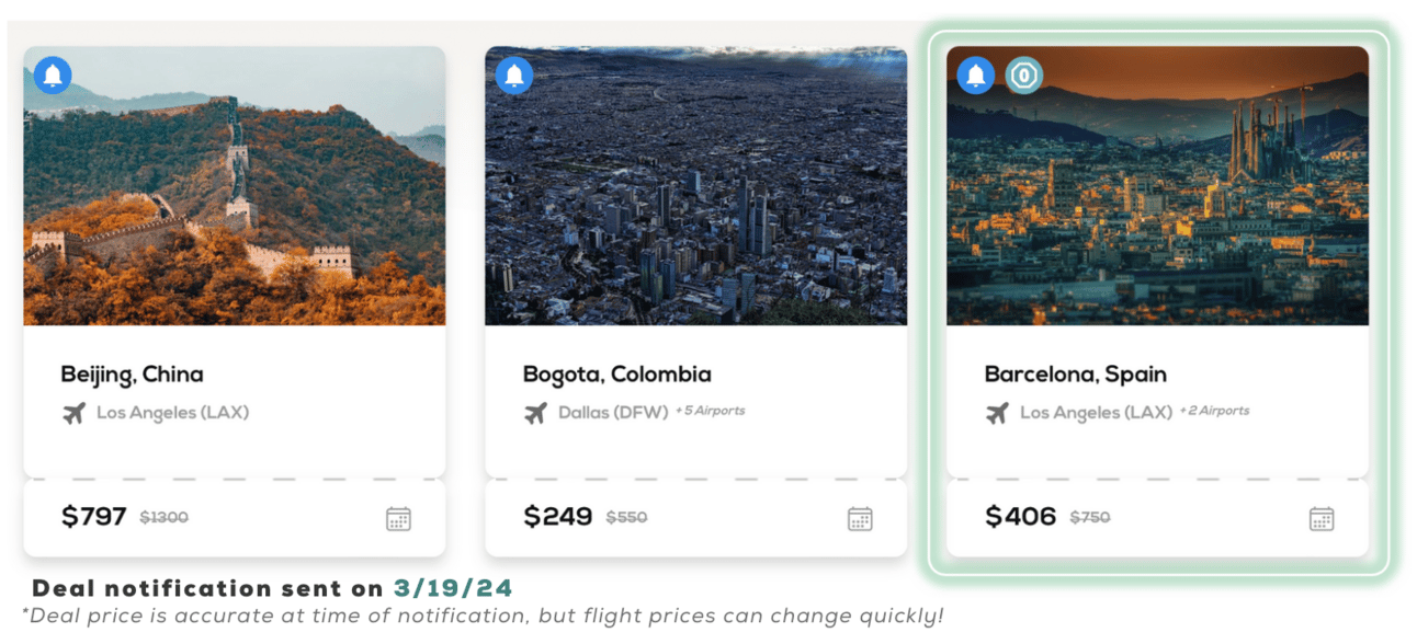 Three FareDrop alert cards showing flights to Beijing, Bogota, and Barcelona