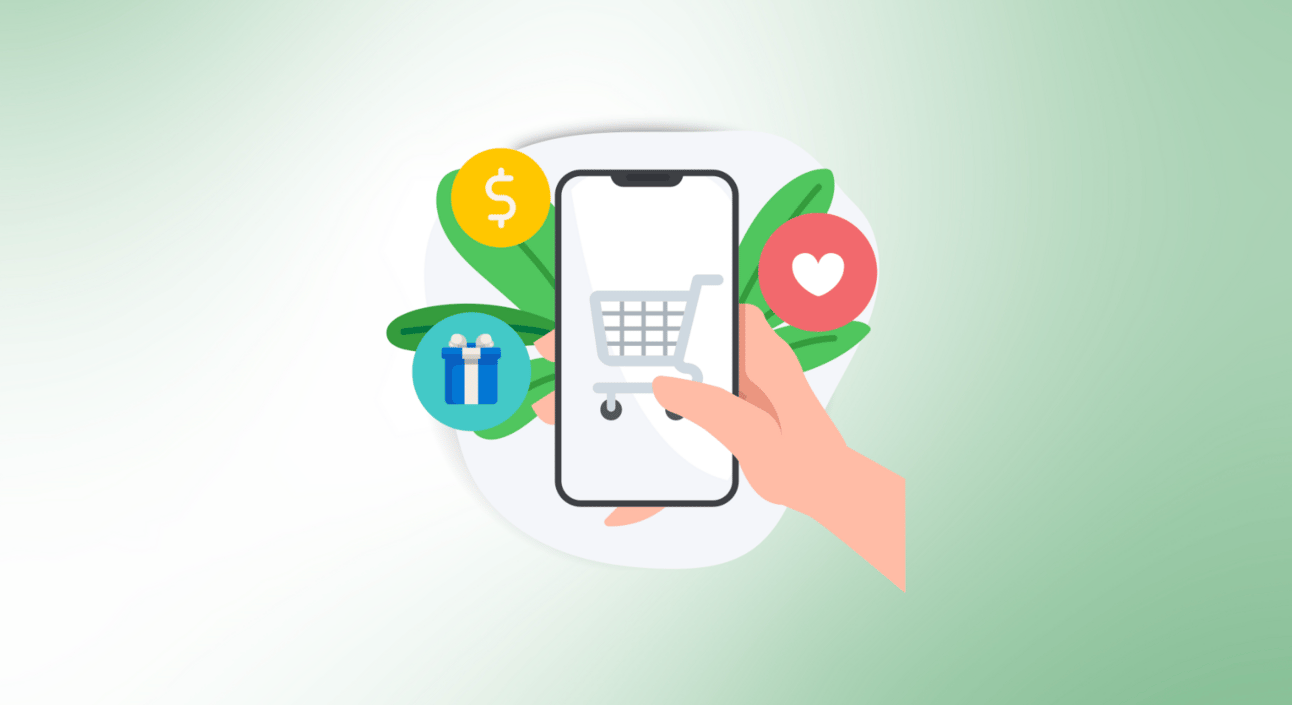 A light green background with a graphic that has a had holding a cellphone with a heart, dollar sign, and gift