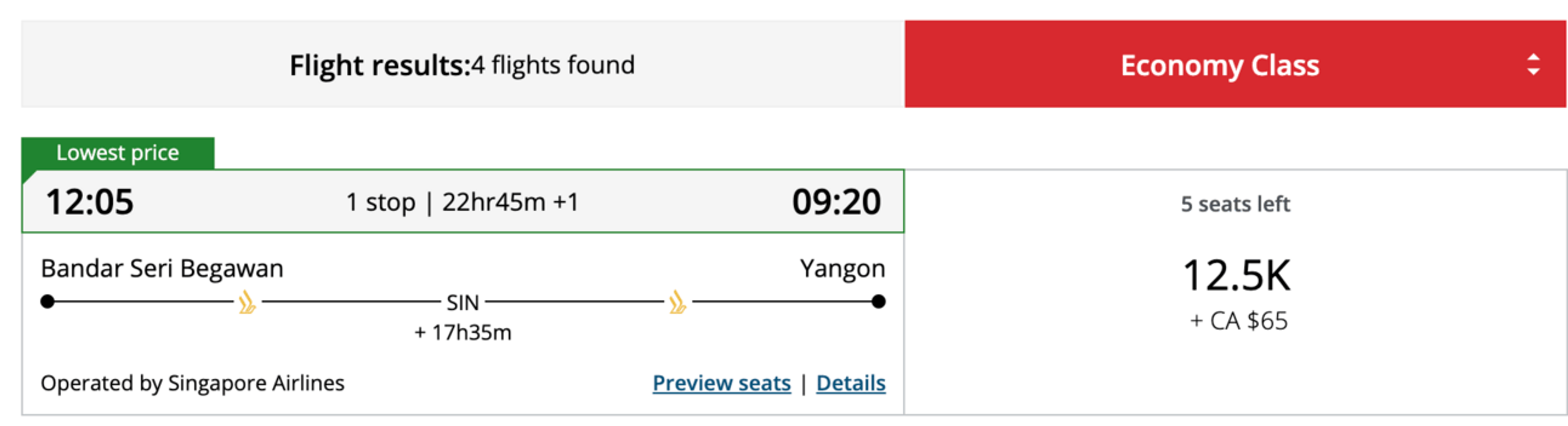 Aeroplan booking for 12,500 points