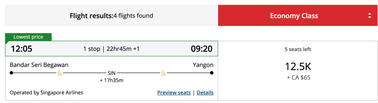 Aeroplan booking for 12,500 points