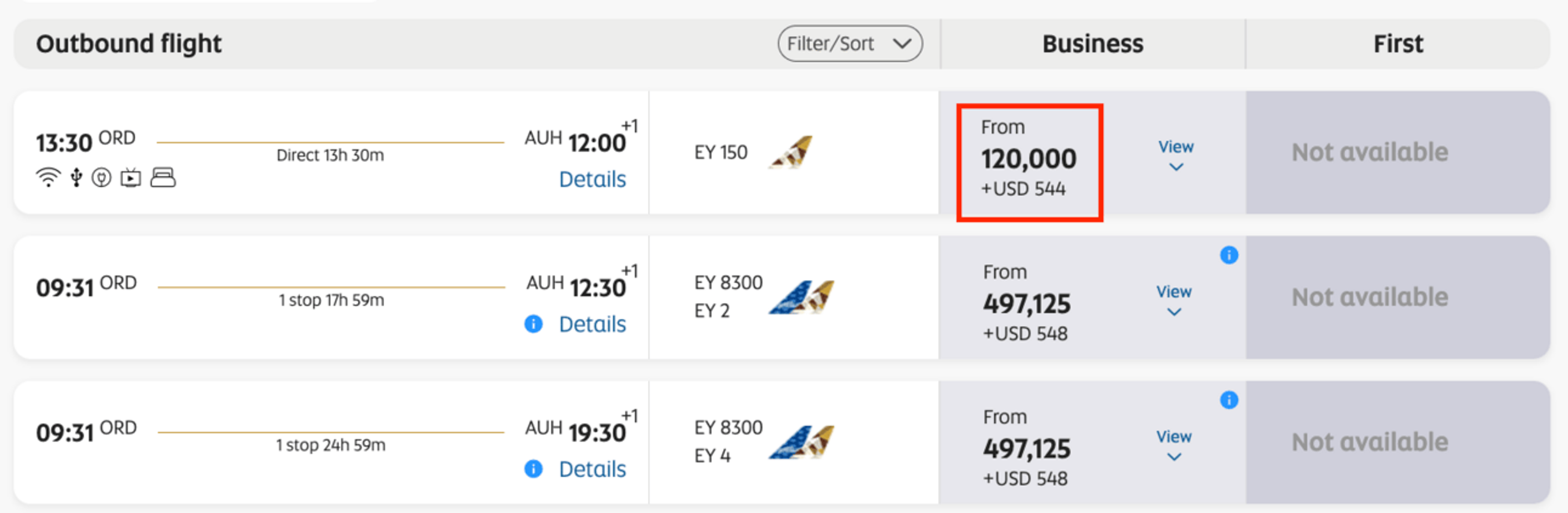 Chicago to Abu Dhabi for 120,000 mile in business class