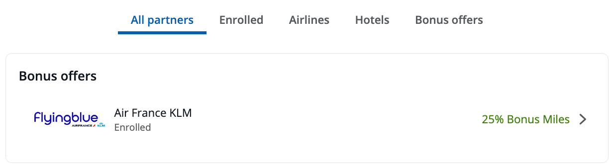 Example of a recent transfer bonus from Chase UR Points to Flying Blue